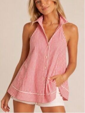 Anthropologie Striped Halter Top Collar Flowy Tie back Red White Small